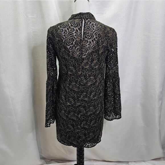 BCBGeneration Black and Gold Lace Bell Sleeve Mini Dress Size XS - Picture 11 of 12